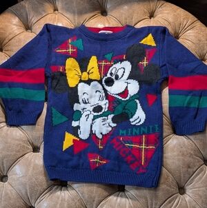 Disney Mickey Minnie Mouse Vintage 80s Acrylic Sweater Kids 7/8 Size Small